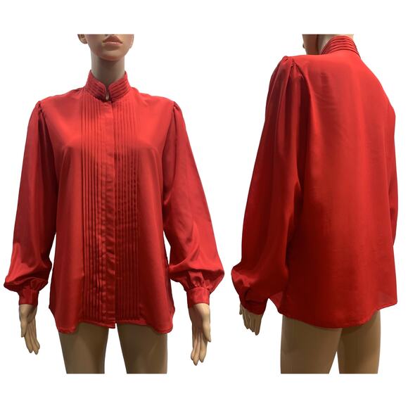 Vintage 70s Red High Collar Secretary Blouse with Pleats | M/L - Picture 4 of 8